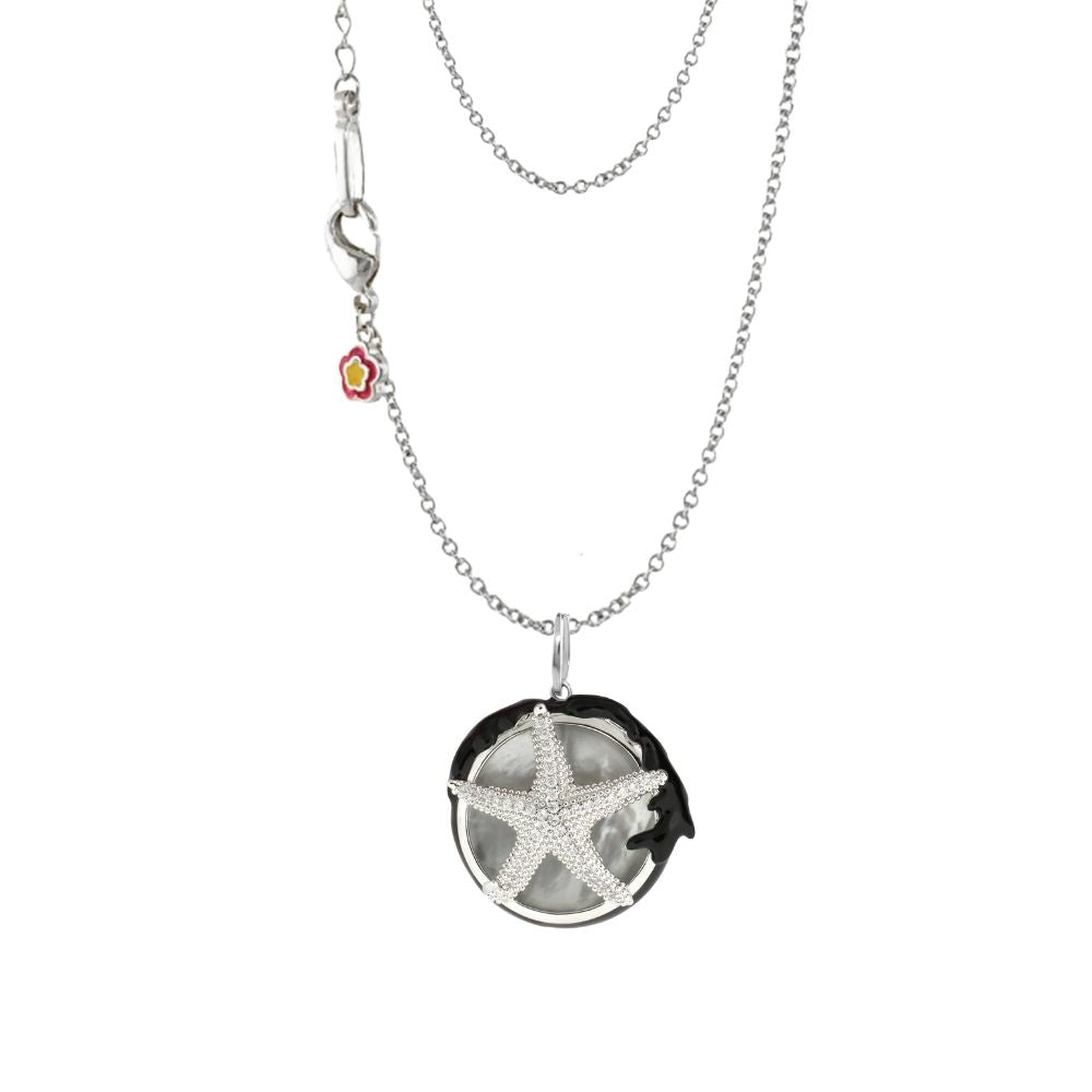 Pretty Little Things Starfish Necklace; silver chain with crystal starfish pendant on gray disk on Tampa Home & Garden Store
