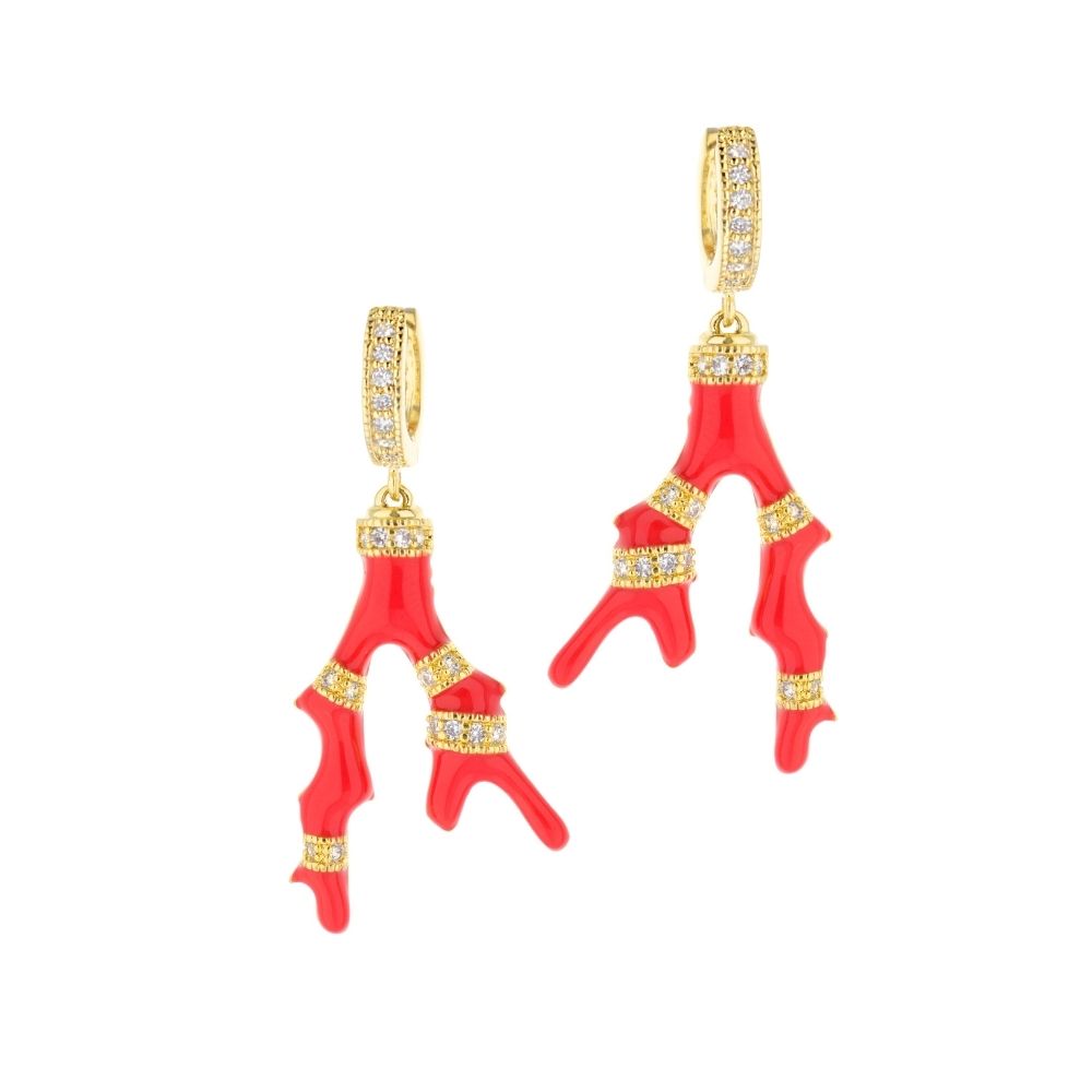 Pretty Little Things Earrings by Lauren G Adams, gold-tone hoops with red coral branch charms encrusted with rhinestones, pair on Tampa Home & Garden Store