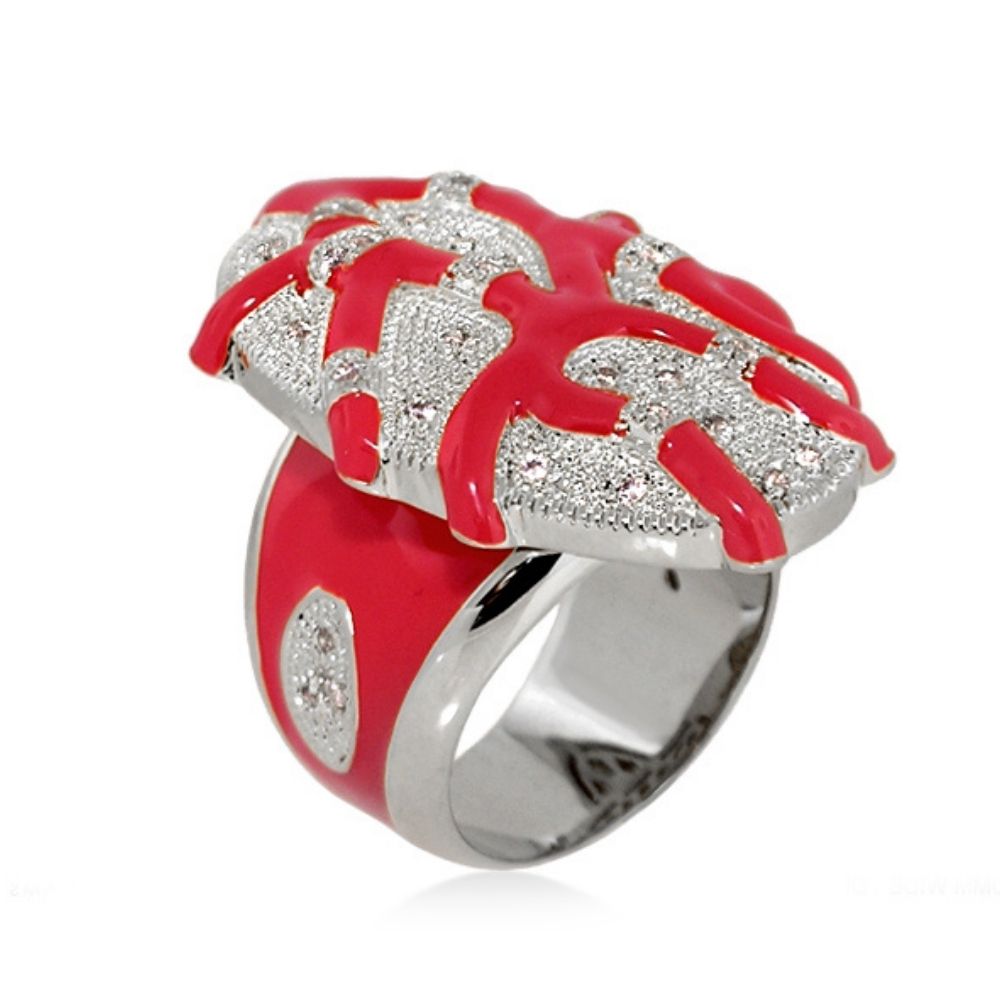 Pretty Little Things Ring coral branch pavé dome, red enamel accents on silver band on Tampa Home & Garden Store