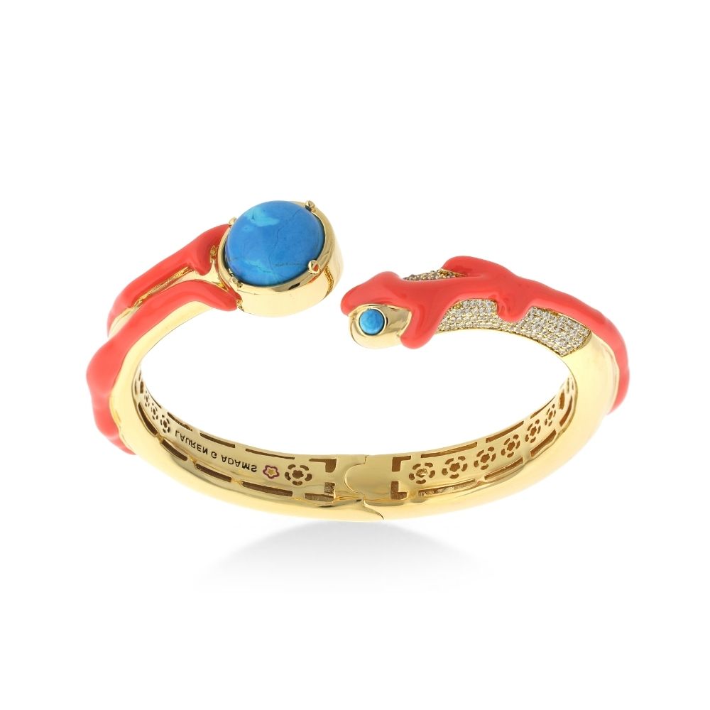 Pretty Little Things Bangle gold-tone bracelet with red enamel snake and blue cabochon on Tampa Home & Garden Store