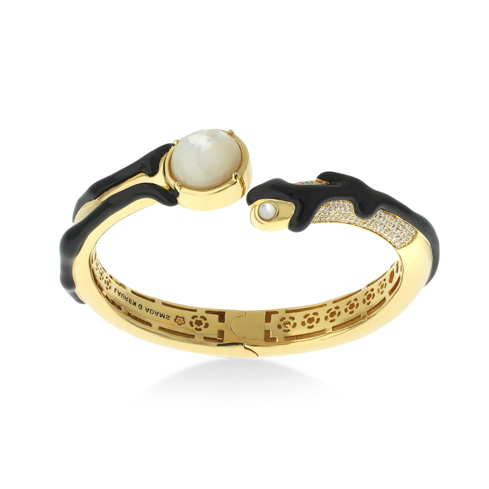 Pretty Little Things Bangle by Lauren G Adams, gold-tone bracelet with black enamel and pearls on Tampa Home & Garden Store