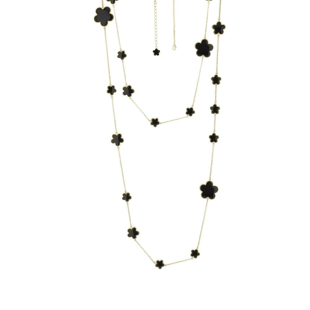 Daisy Love Gemstone Necklace long gold-tone chain with black clover charms on Tampa Home & Garden Store