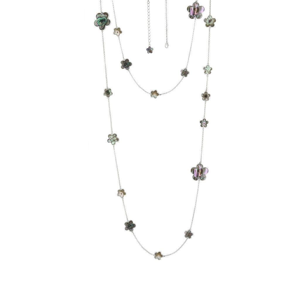 Daisy Love Gemstone Long Necklace by Lauren G Adams with iridescent daisy charms on silver chain on Tampa Home & Garden Store