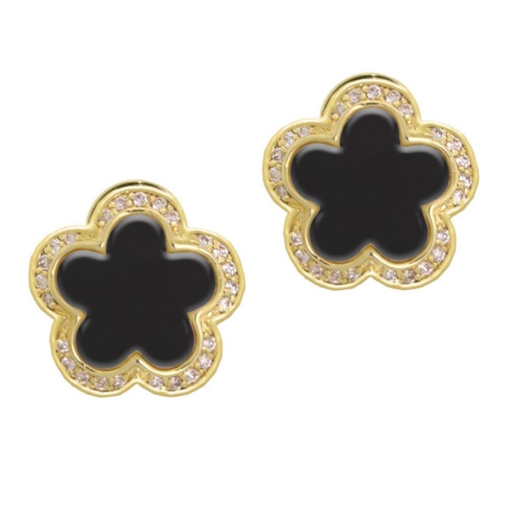 Daisy Love Earrings pair pavé halo gold flower button clip black center by Lauren G Adams on Tampa Home & Garden Store