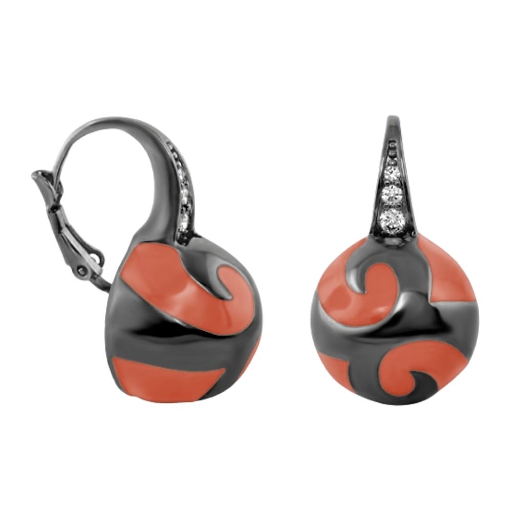 Good Karma Ball Earrings by Lauren G Adams, coral and gunmetal swirl enamel on leverback hoops on Tampa Home & Garden Store