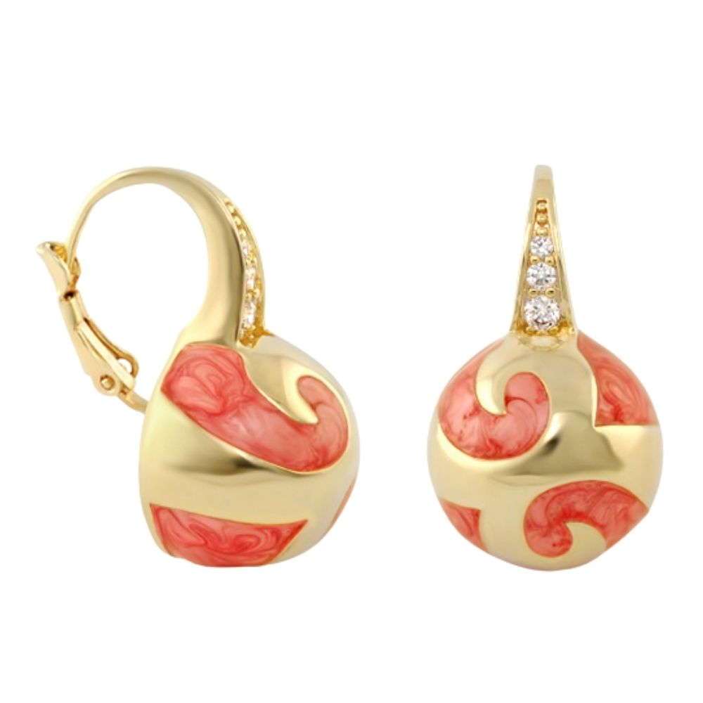 Good Karma Ball Earrings pair in gold tone with pink coral enamel swirls and diamond bail on Tampa Home & Garden Store