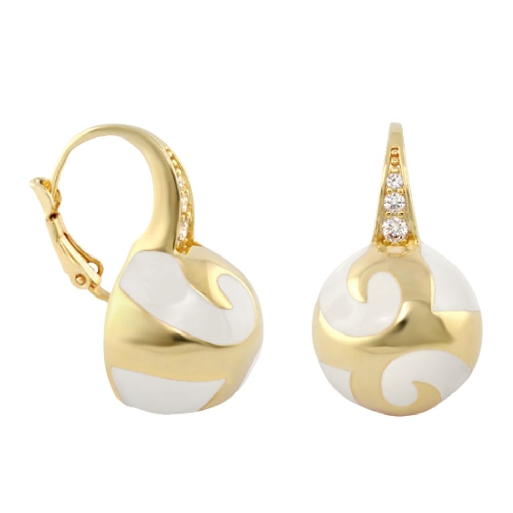 Good Karma Ball Earrings pair gold-tone hinged hoops with white enamel swirl ball accents on Tampa Home & Garden Store