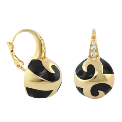 Good Karma Ball Earrings pair gold-tone drop hoops with black enamel swirl and diamond-bail on Tampa Home & Garden Store
