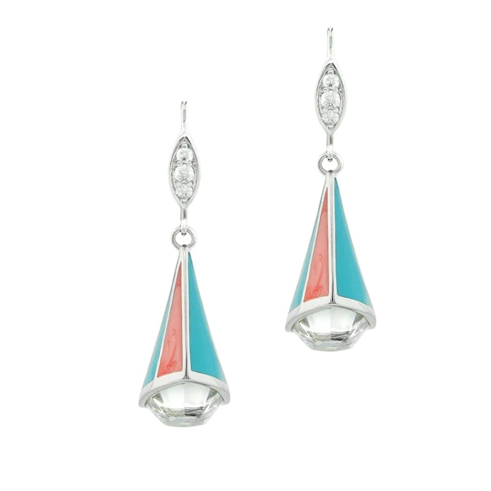 Triplet Earrings by Lauren G Adams: silver-tone dangle pair with turquoise triangular enamel panels, pink inlay, crystal-top and clear drop on Tampa Home & Garden Store