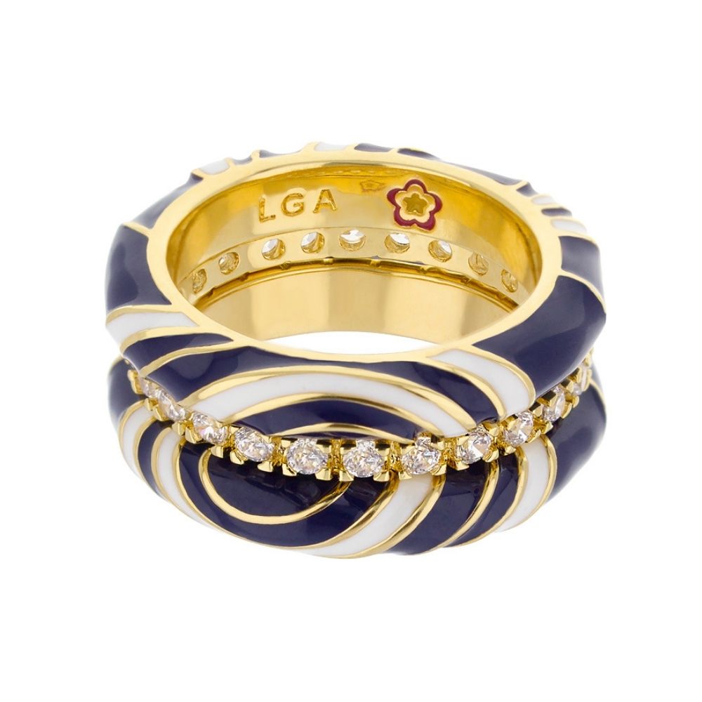 Petit Gateau Stackable Ring - Swirl & Pavé Duo blue enamel with gold trim pavé by Lauren G Adams on Tampa Home & Garden Store