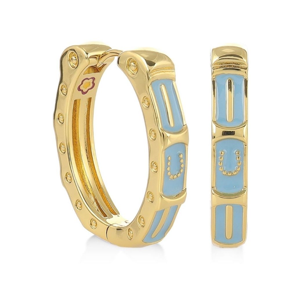 Equestrian Earrings enamel hoop pair by Lauren G Adams in gold with blue enamel panels on Tampa Home & Garden Store