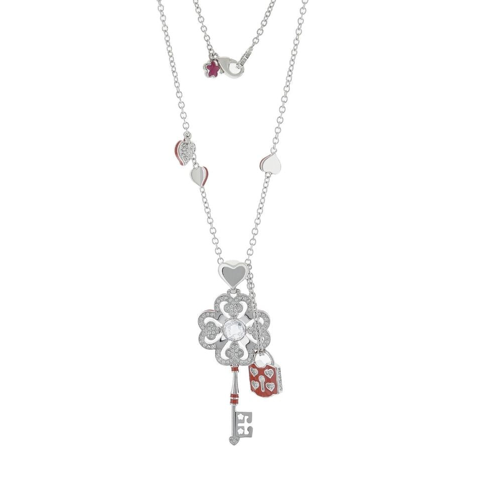 Fun Key Necklace pendant in silver tone with a crystal-studded flower charm and red enamel accents on Tampa Home & Garden Store