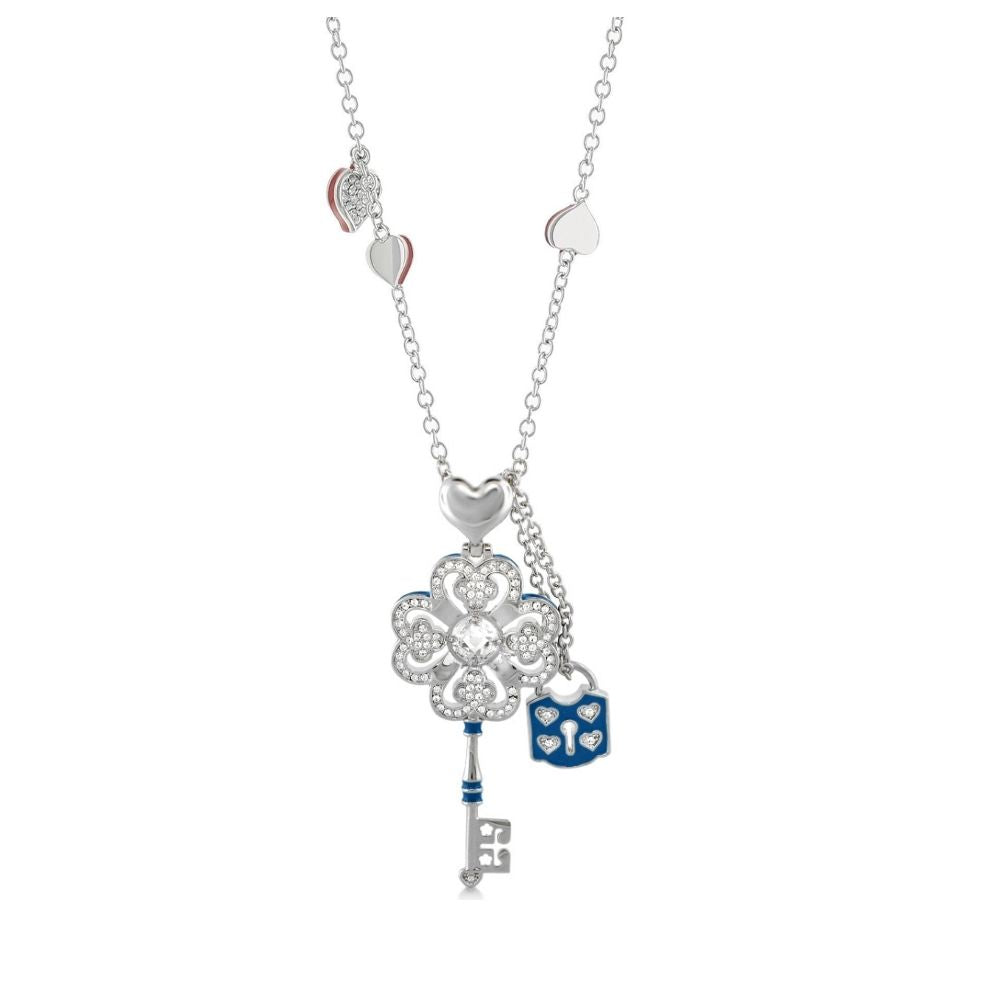 Fun Key Necklace pendant in silver-tone with a pavé clover flower and blue enamel cube charm on Tampa Home & Garden Store