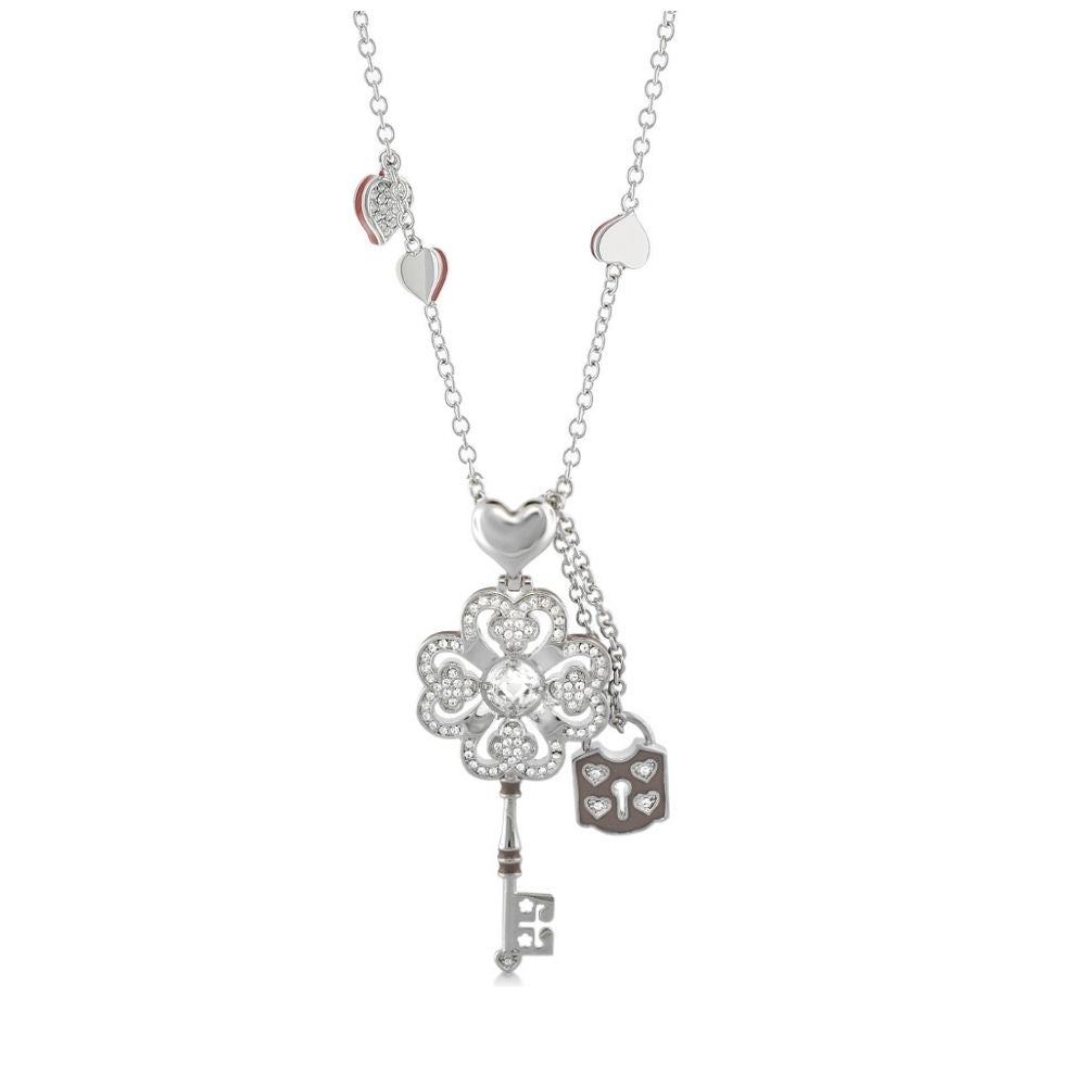 Fun Key Necklace pendant by Lauren G Adams with crystal flower charm and key on silver chain on Tampa Home & Garden Store