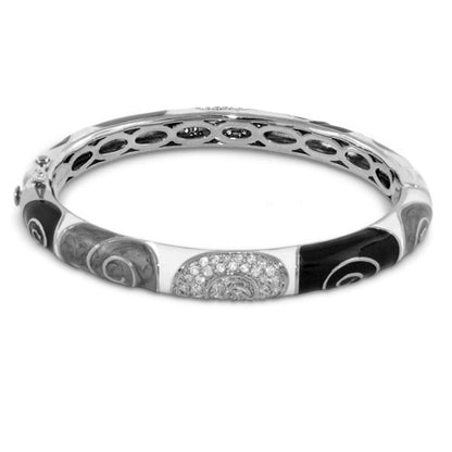 Signature Swirl Bangle, hinged safety-lock, silver-tone with black enamel swirls and pavé crystals on Tampa Home & Garden Store