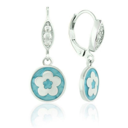 Eau Enamel Flower Dangle Earrings by Lauren G Adams turquoise discs with white flower motif on Tampa Home & Garden Store
