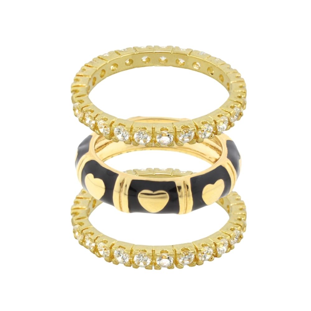 Lots of Love Ring Set by Lauren G Adams: set of 3 gold-tone rings with pavé diamonds and a black enamel heart band on Tampa Home & Garden Store