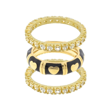 Lots of Love Ring Set by Lauren G Adams: set of 3 gold-tone rings with pavé diamonds and a black enamel heart band on Tampa Home & Garden Store