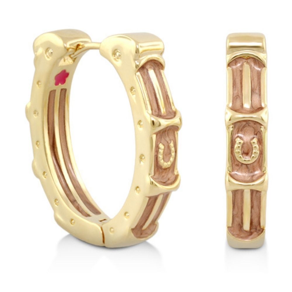 Equestrian enamel hoop earrings by Lauren G Adams, gold-tone with pink enamel inlays on Tampa Home & Garden Store