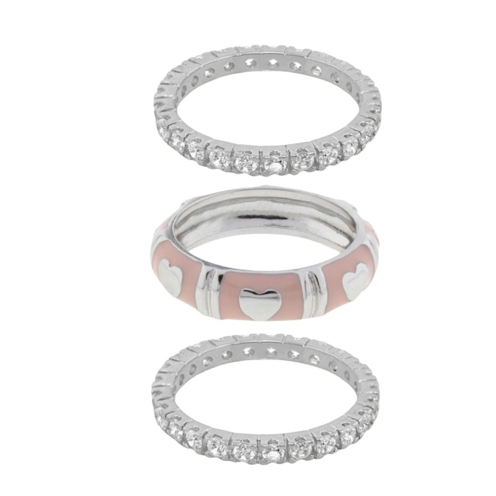 Lots of Love Stackable Ring Set by Lauren G Adams; three silver rings, pink enamel hearts design on Tampa Home & Garden Store