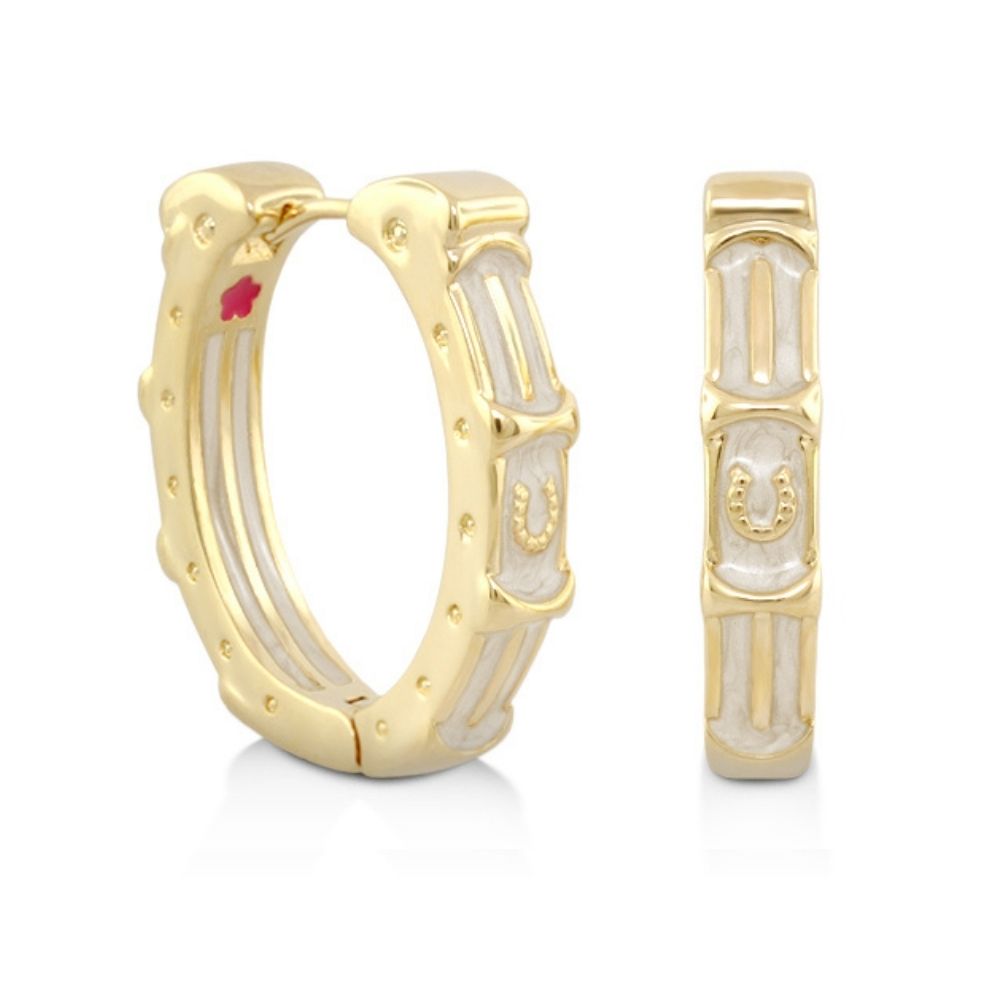 Equestrian enamel hoop earrings by Lauren G Adams in gold-tone with white enamel panels on Tampa Home & Garden Store