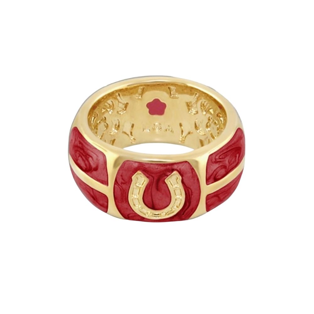 Equestrian Horseshoe Ring by Lauren G Adams, gold-tone band with red enamel horseshoe motif on Tampa Home & Garden Store