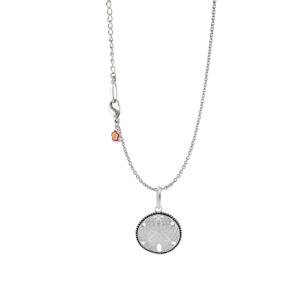 Eau Sand Dollar Pendant by Lauren G Adams, sand dollar charm on chain with enamel flower on Tampa Home & Garden Store