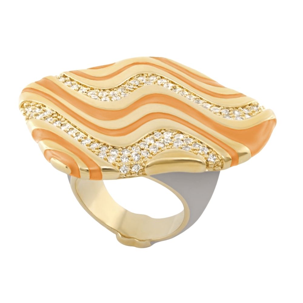 Moon Dust Cocktail Ring; gold-tone with orange and cream enamel waves and diamond accents on Tampa Home & Garden Store