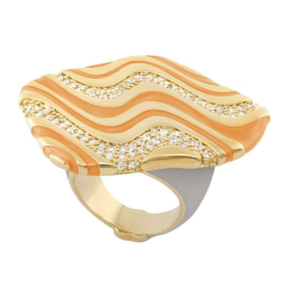 Moon Dust Cocktail Ring; gold-tone with orange and cream enamel waves and diamond accents on Tampa Home & Garden Store