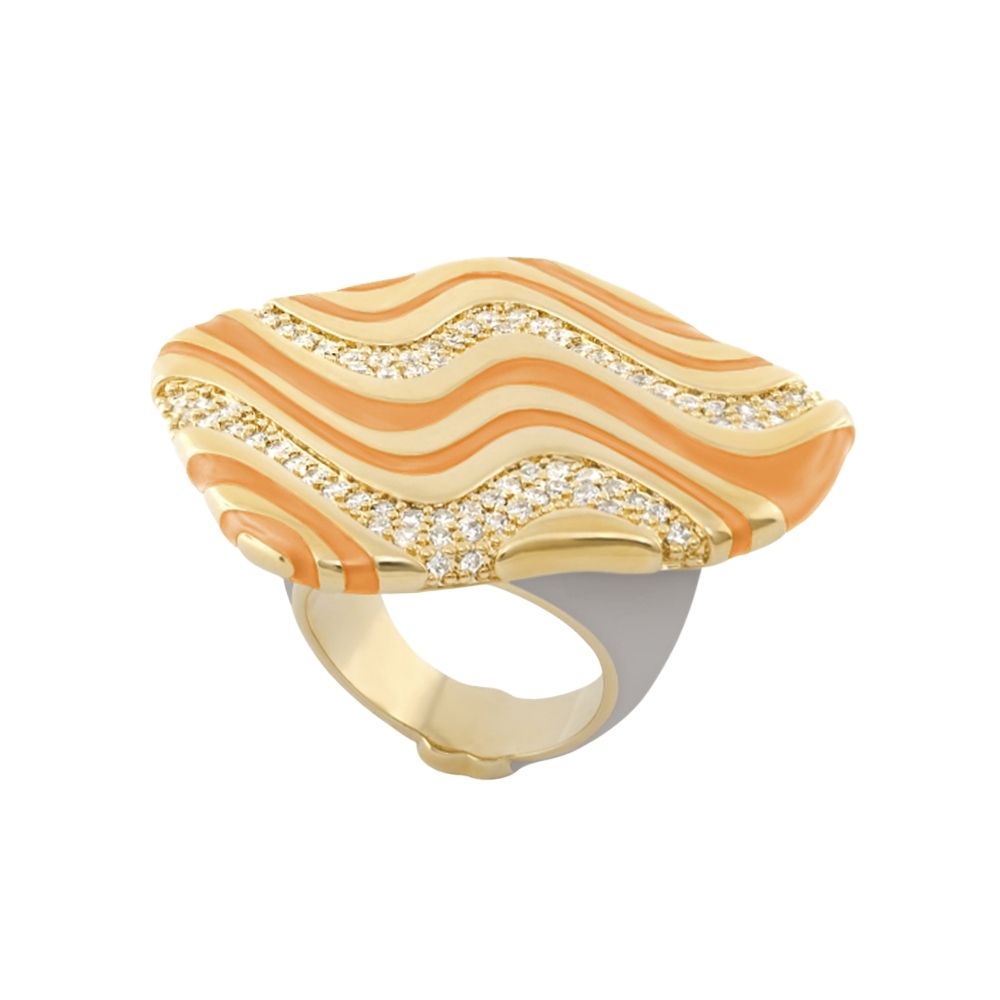 Moon Dust Cocktail Ring in gold-tone with orange-peach enamel waves and pavé diamonds on Tampa Home & Garden Store