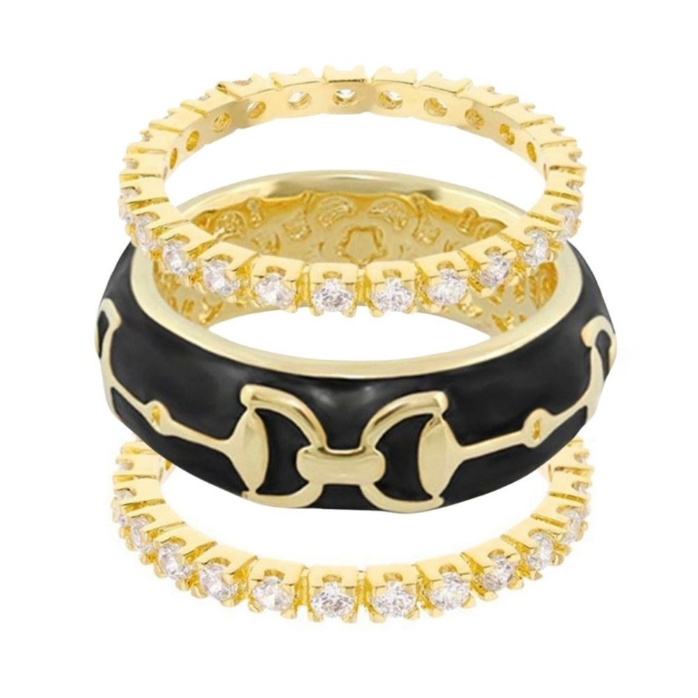 Equestrian Stirrup Ring Set by Lauren G Adams: three goldtone rings, black enamel, diamond pavé on Tampa Home & Garden Store