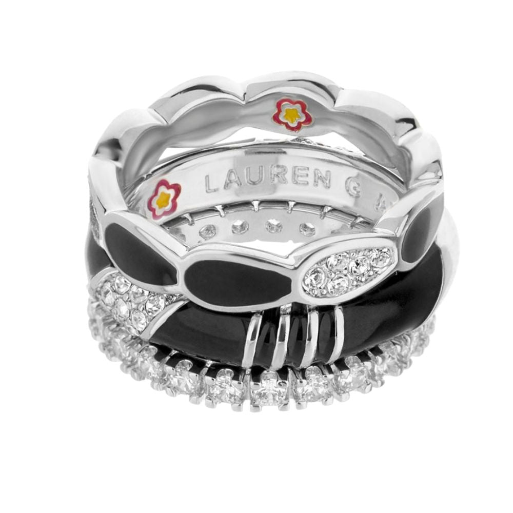 Moon Flower Stackable Ring Set by Lauren G Adams, silver rings with flower motif and crystals on Tampa Home & Garden Store