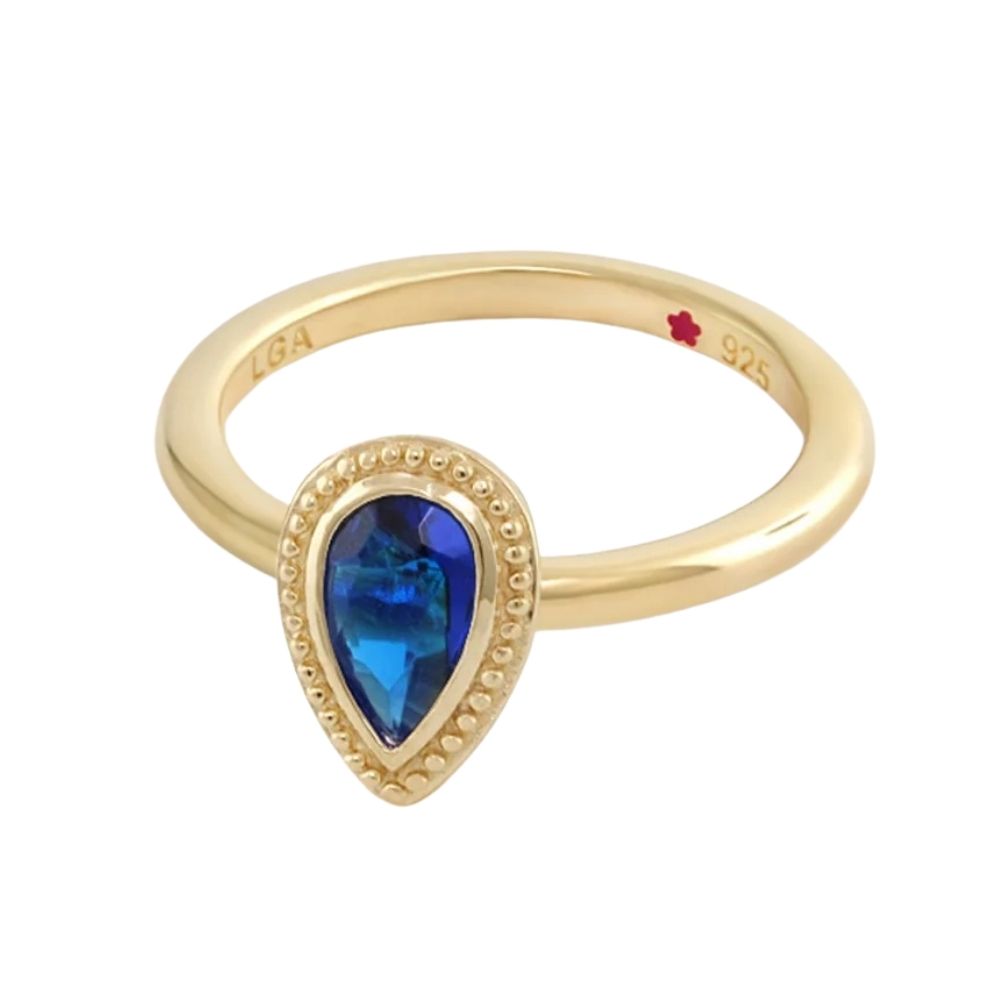 Layers of Love Stackable Ring - Pear Pavé Halo, gold band with blue gemstone, LGA stamped on Tampa Home & Garden Store
