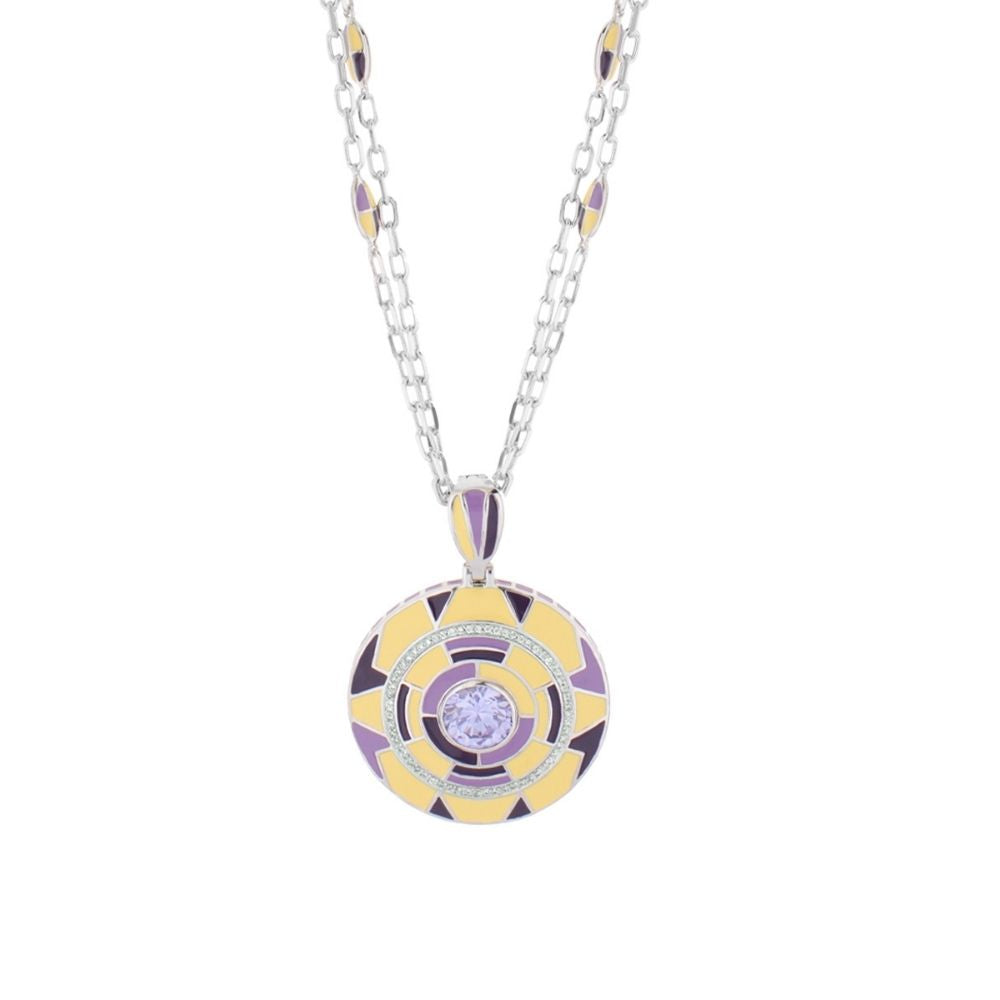Art Deco Necklace by Lauren G Adams, silver chain with a purple yellow enamel pendant on Tampa Home & Garden Store