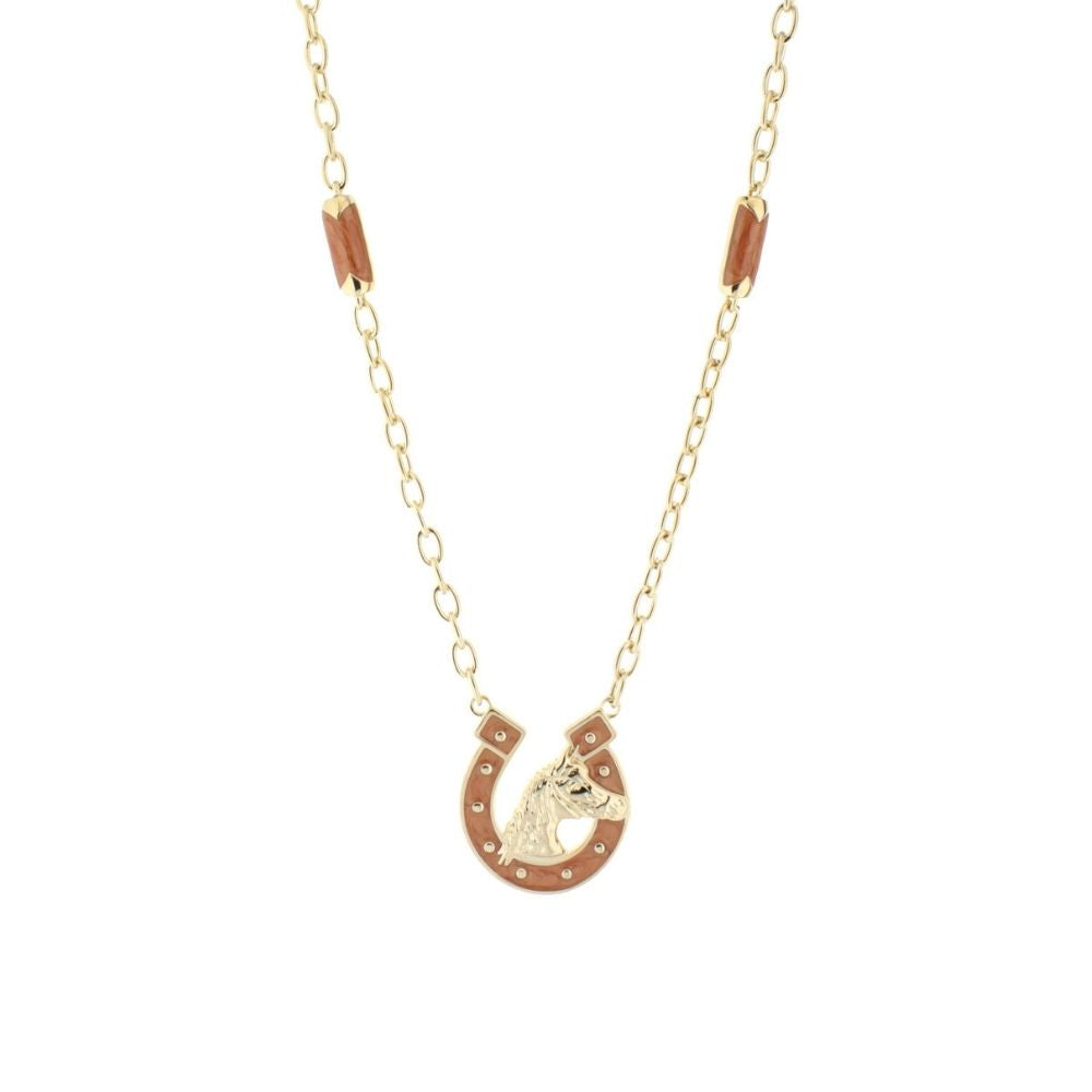 Equestrian Pendant Necklace Lauren G Adams, goldtone horseshoe pendant with horse head on chain on Tampa Home & Garden Store