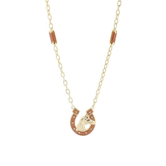 Equestrian Pendant Necklace Lauren G Adams, goldtone horseshoe pendant with horse head on chain on Tampa Home & Garden Store