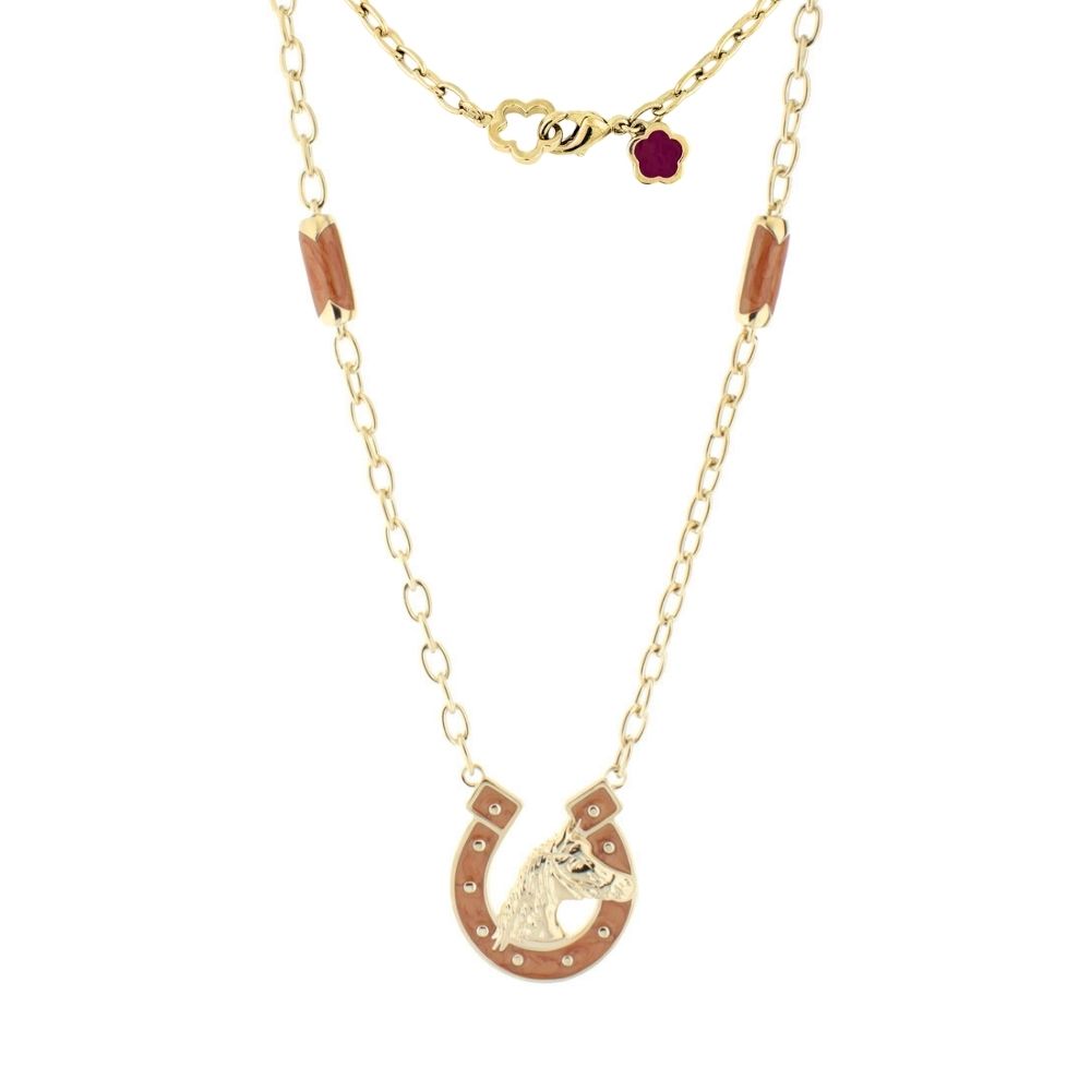 Equestrian Pendant Necklace with gold-tone chain and brown enamel horseshoe pendant on Tampa Home & Garden Store