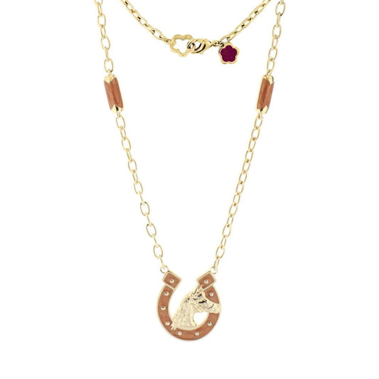 Equestrian Pendant Necklace with gold-tone chain and brown enamel horseshoe pendant on Tampa Home & Garden Store
