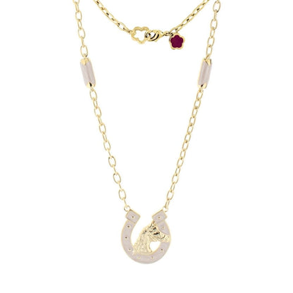 Two-layer gold equestrian pendant necklace with horseshoe and horse head charm on Tampa Home & Garden Store