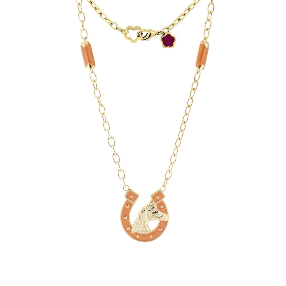 Equestrian pendant necklace in gold-tone with orange horseshoe and horse head by Lauren G Adams on Tampa Home & Garden Store