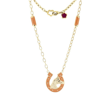 Equestrian pendant necklace in gold-tone with orange horseshoe and horse head by Lauren G Adams on Tampa Home & Garden Store