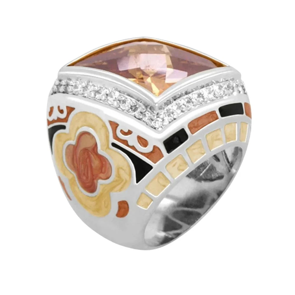 Art Deco cocktail ring with peach gemstone, pavé diamonds and vibrant enamel details on Tampa Home & Garden Store