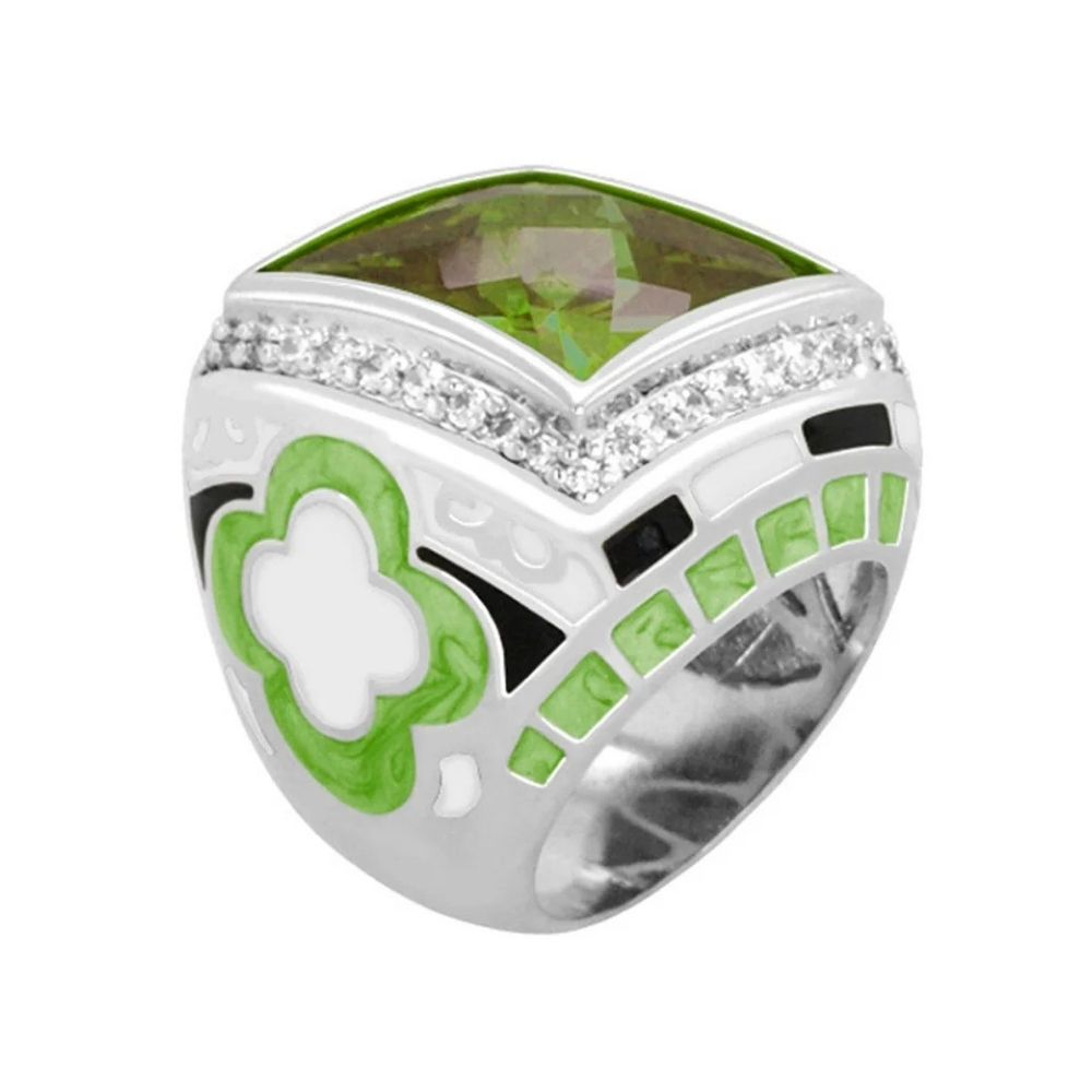 Art Deco Ring by Lauren G Adams with green cushion gemstone, pavé diamonds, silver band on Tampa Home & Garden Store