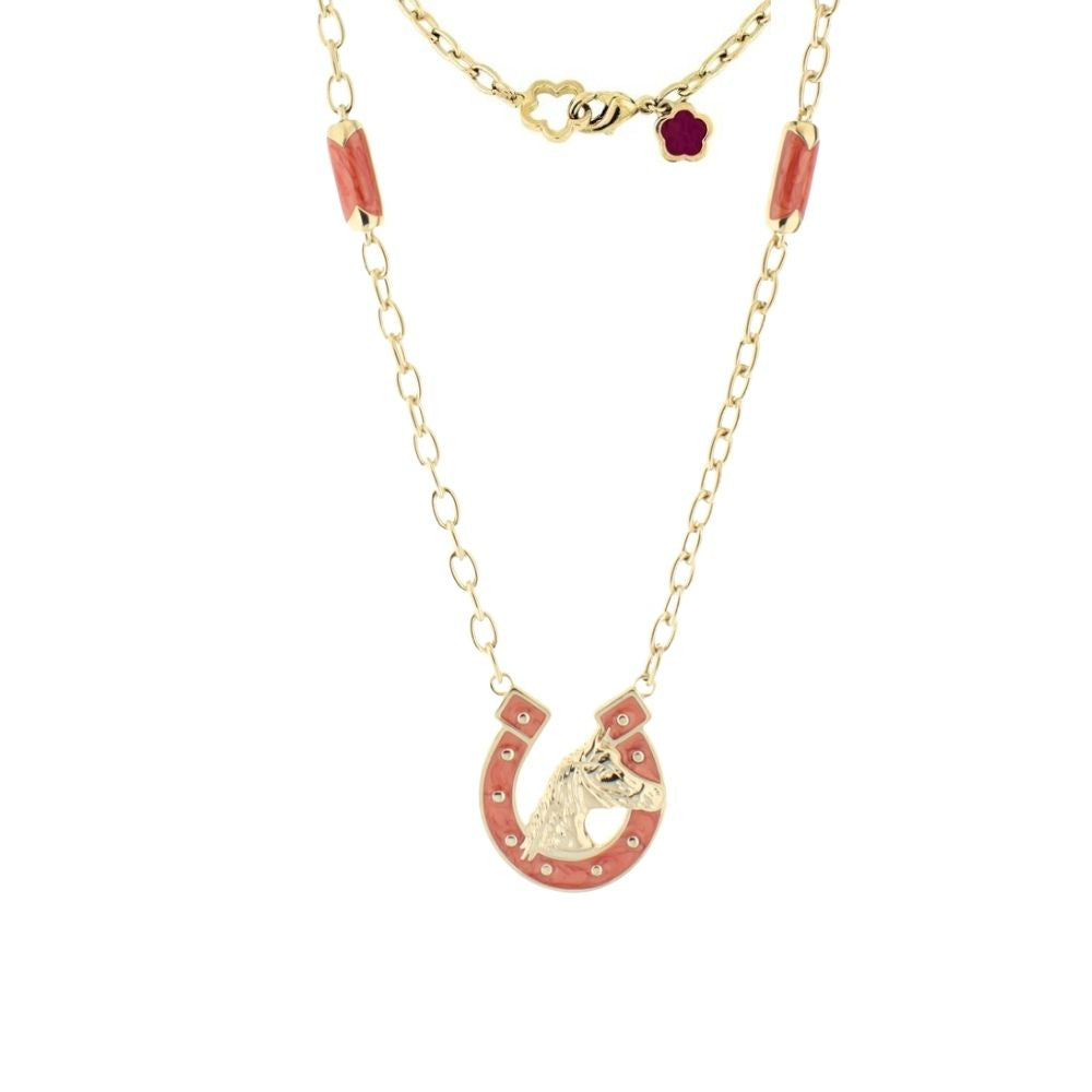 Equestrian Pendant Necklace gold-tone chain with pink enamel horseshoe and horse head charm on Tampa Home & Garden Store