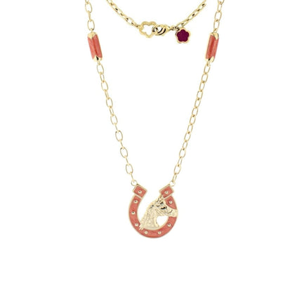 Equestrian Pendant Necklace gold-tone chain with pink enamel horseshoe and horse head charm on Tampa Home & Garden Store