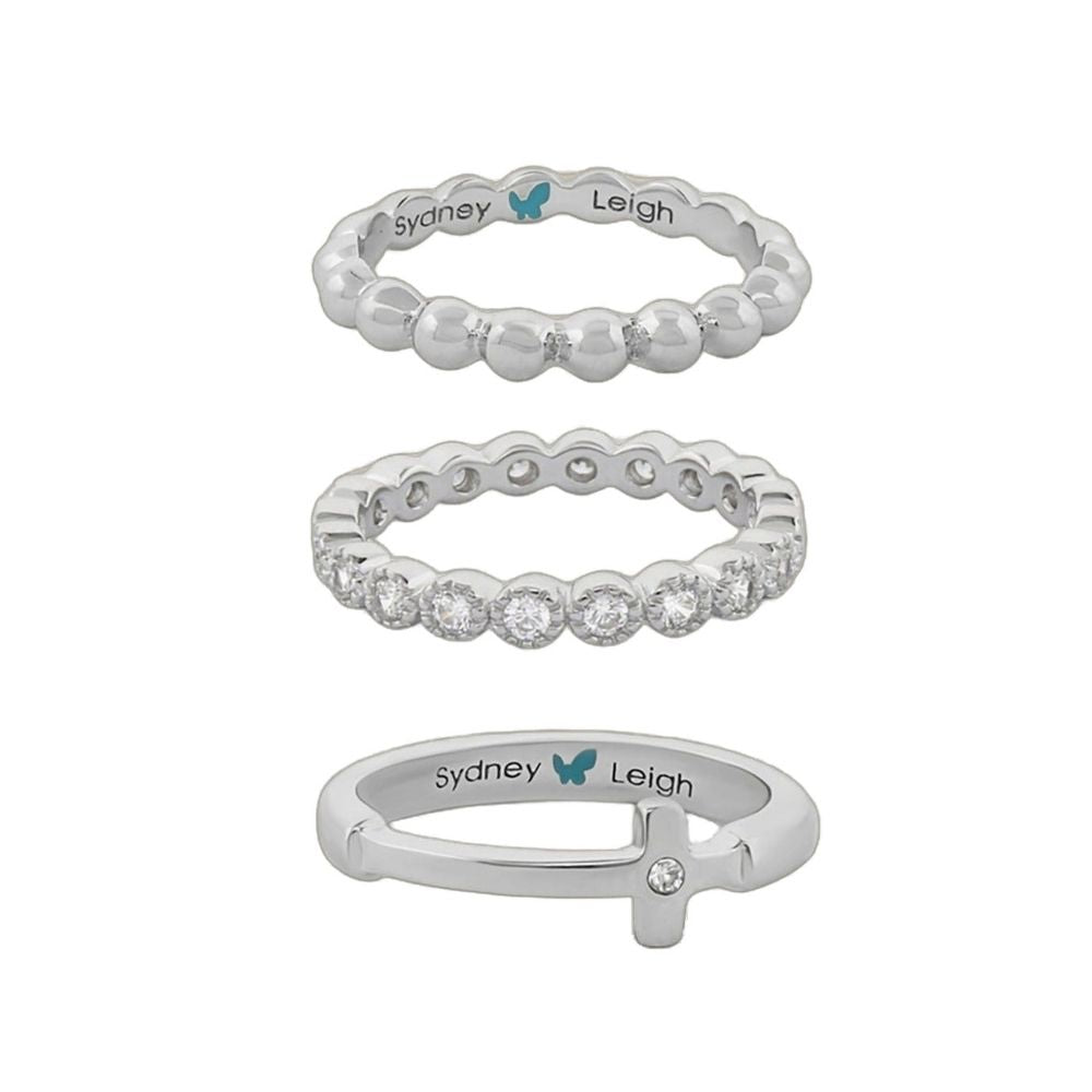 Sydney Leigh Cross Rings Set of 3 silver-tone bands: beaded, pavé eternity, and open cross ring on Tampa Home & Garden Store