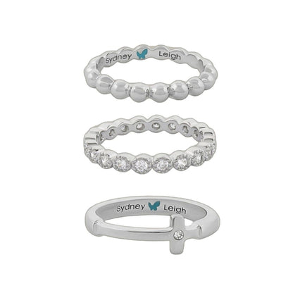 Sydney Leigh Cross Rings Set of 3 silver-tone bands: beaded, pavé eternity, and open cross ring on Tampa Home & Garden Store