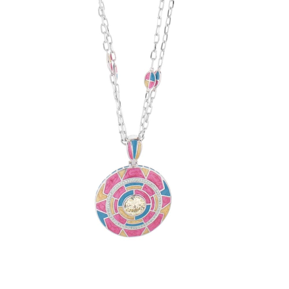 Art Deco Necklace silver-tone chain with colorful circular enamel pendant and crystal Lauren G Adams on Tampa Home & Garden Store