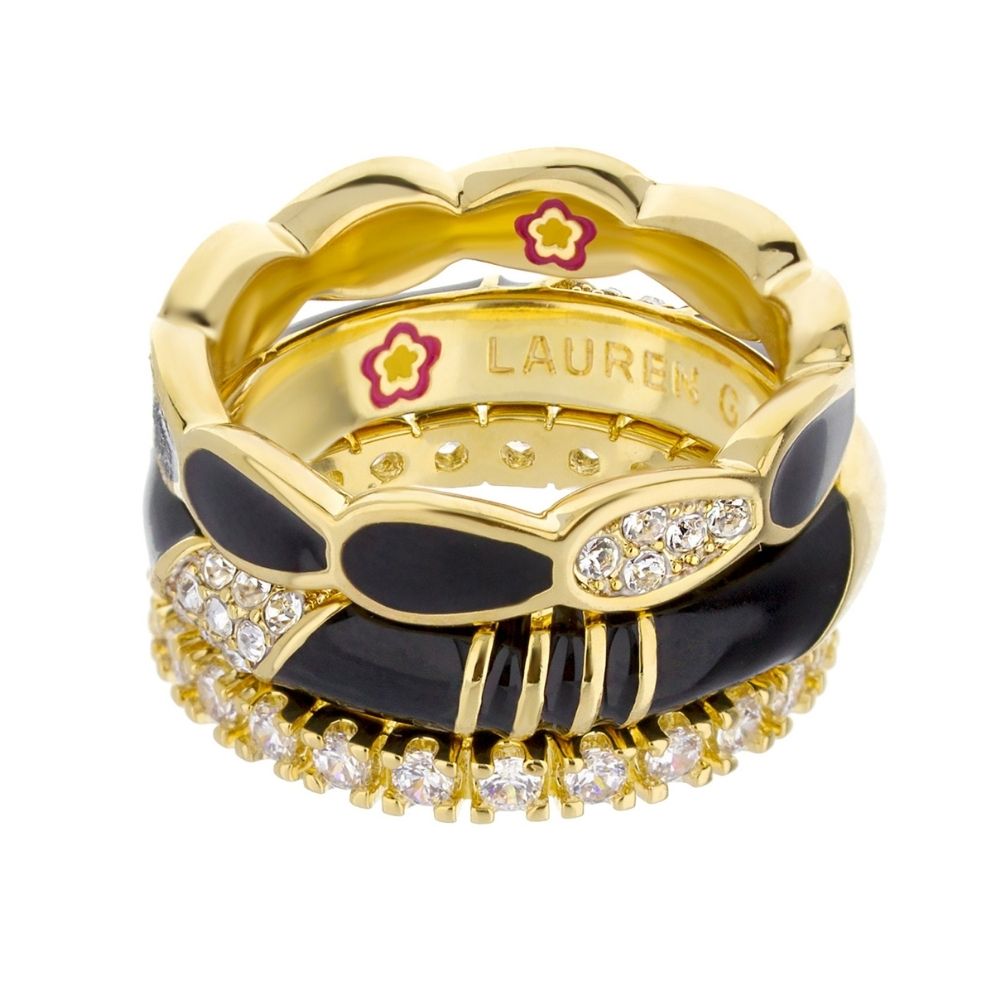 Moon Flower Stackable Ring Set Lauren G Adams; gold rings with black enamel and pavé crystals on Tampa Home & Garden Store