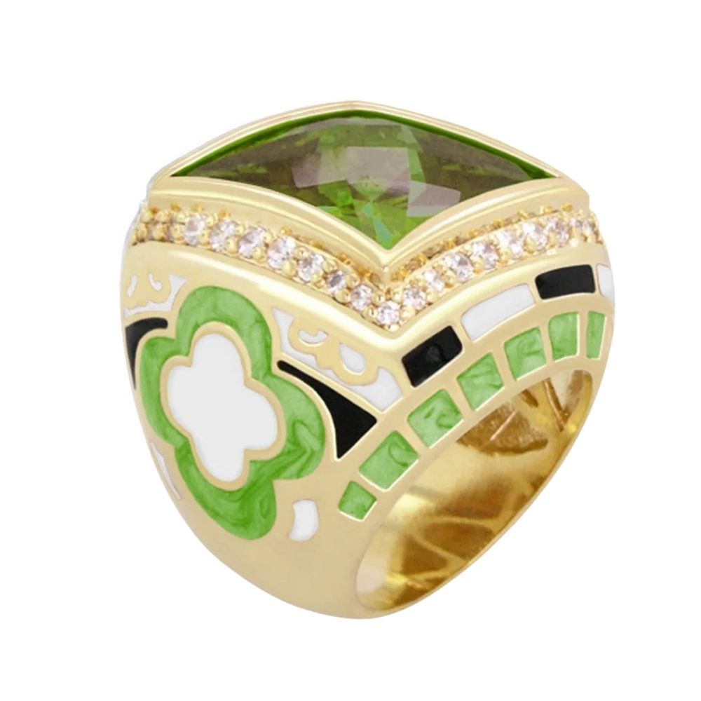 Art Deco cocktail ring by Lauren G Adams with green gem, pavé diamonds and gold enamel clover on Tampa Home & Garden Store